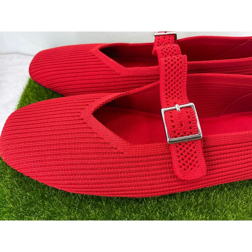 Red Mary Jane Style Knit Flats With Adjustable Buckle Strap - Picture 6 of 9